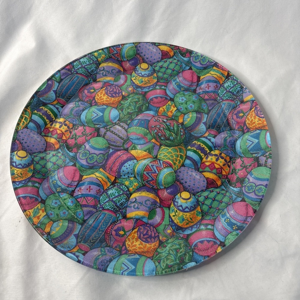 Vtg Easter Egg Decoupage Glass‎ Platter 13" Decorative Plate VIP Cranston Fabric